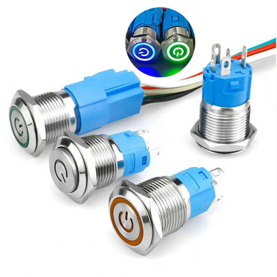 16mm 순간적 락싱 고전류 LED 조명 IP67 방수 금속 푸시 버튼 스위치 10A 와이어로 자동 잠금